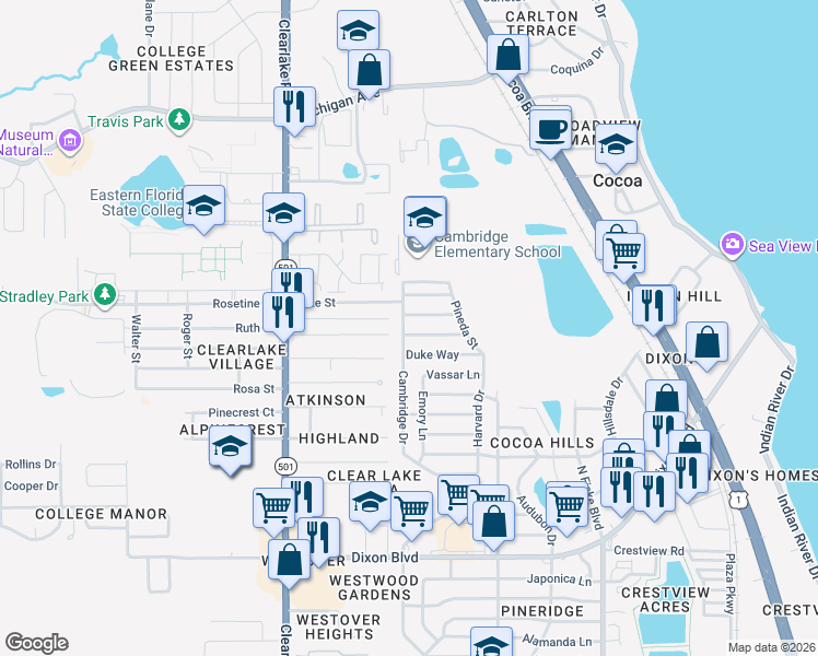 map of restaurants, bars, coffee shops, grocery stores, and more near 1210 Yale Lane in Cocoa