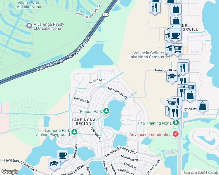 map of restaurants, bars, coffee shops, grocery stores, and more near 8421 Nemours Parkway in Orlando