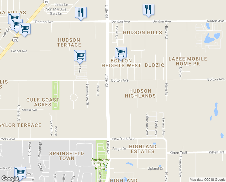 map of restaurants, bars, coffee shops, grocery stores, and more near 15414 Little Road in Hudson