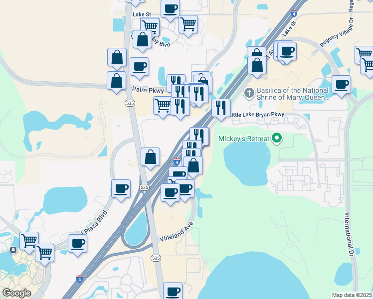 map of restaurants, bars, coffee shops, grocery stores, and more near Florida 400 in Orlando