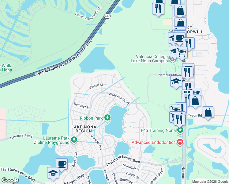 map of restaurants, bars, coffee shops, grocery stores, and more near 12802 Upper Harden Avenue in Orlando