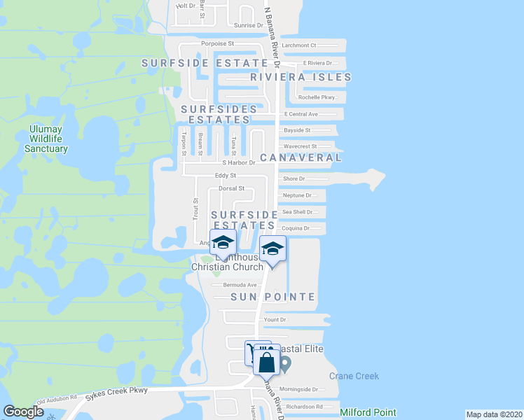 map of restaurants, bars, coffee shops, grocery stores, and more near 1570 Surfside Boulevard in Merritt Island