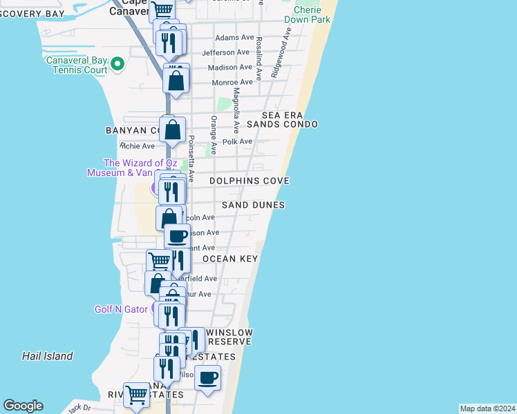 map of restaurants, bars, coffee shops, grocery stores, and more near 425 Buchanan Avenue in Cape Canaveral