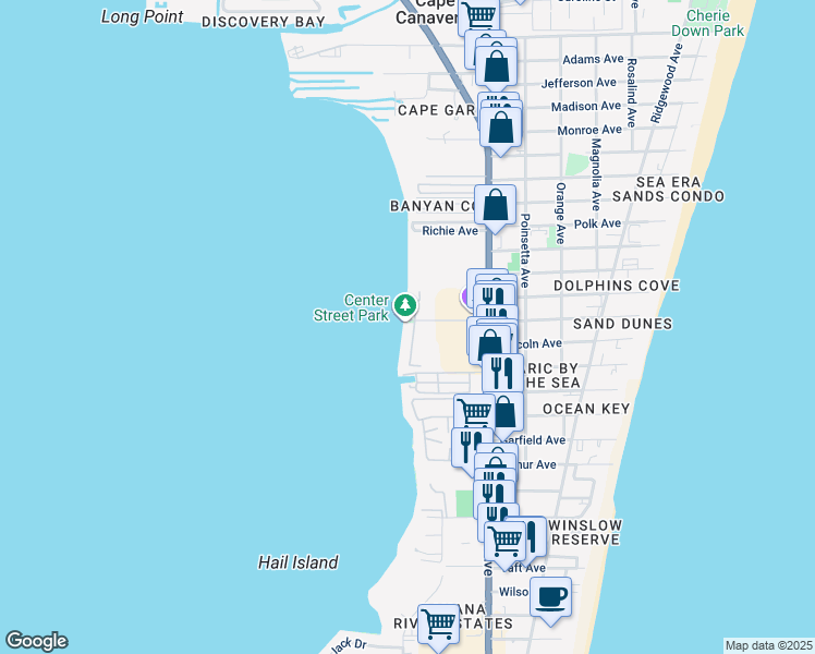 map of restaurants, bars, coffee shops, grocery stores, and more near 7108 Center Street in Cape Canaveral