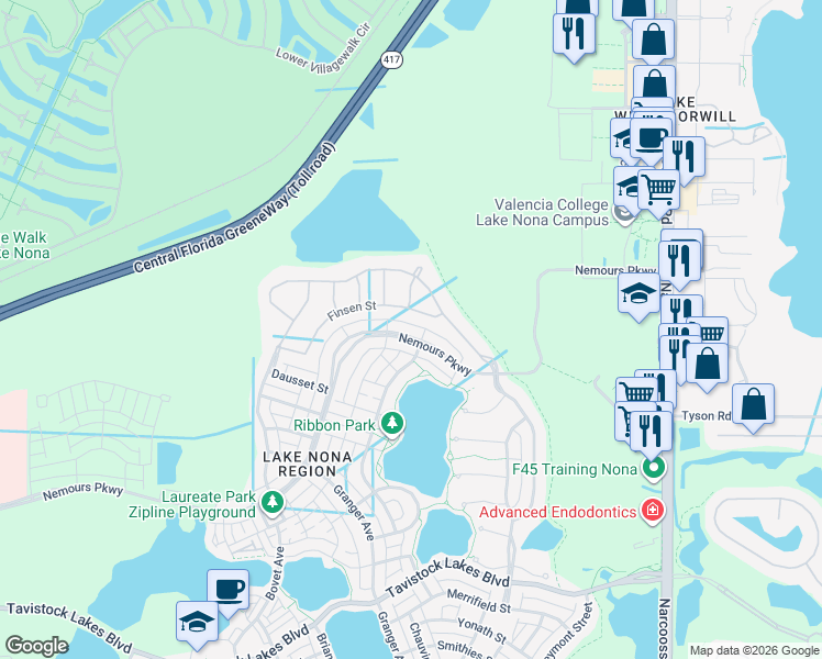 map of restaurants, bars, coffee shops, grocery stores, and more near 8421 Nemours Parkway in Orlando