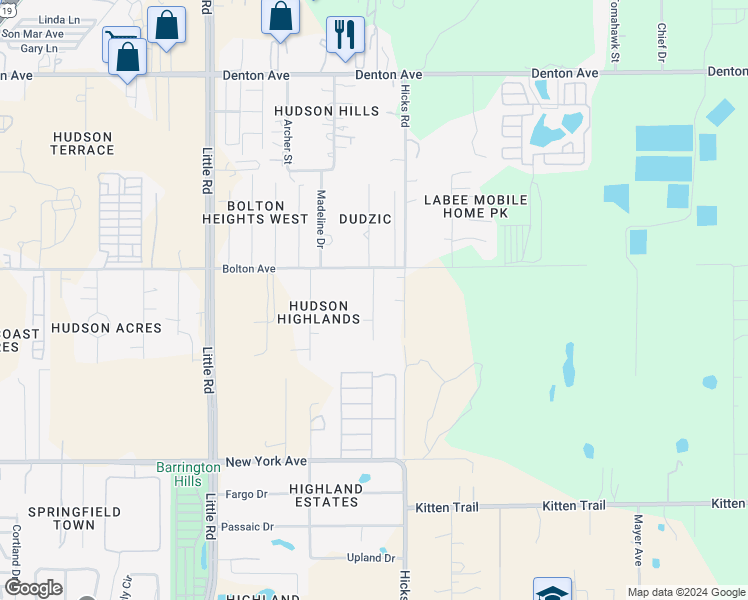 map of restaurants, bars, coffee shops, grocery stores, and more near Mornay Drive in Hudson