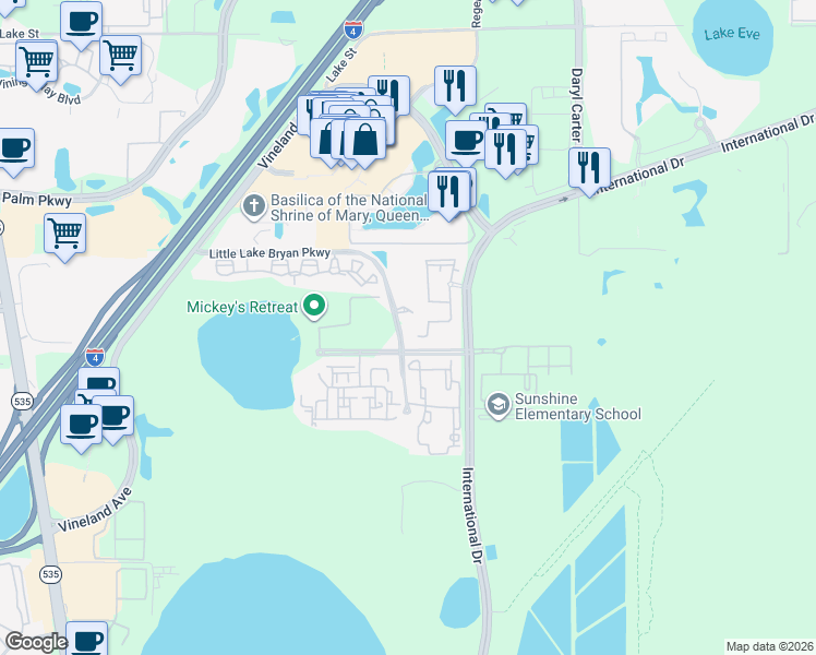 map of restaurants, bars, coffee shops, grocery stores, and more near 12861 Madison Pointe Circle in Orlando