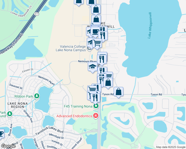 map of restaurants, bars, coffee shops, grocery stores, and more near 12500 Narcoossee Road in Orlando