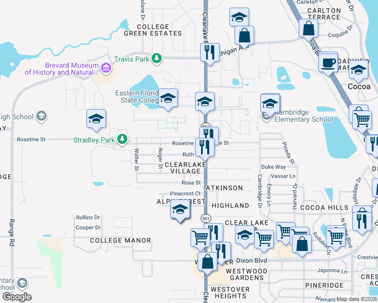 map of restaurants, bars, coffee shops, grocery stores, and more near 1651 Rosetine Street in Cocoa