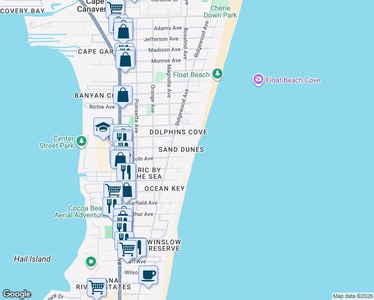 map of restaurants, bars, coffee shops, grocery stores, and more near 425 Buchanan Avenue in Cape Canaveral