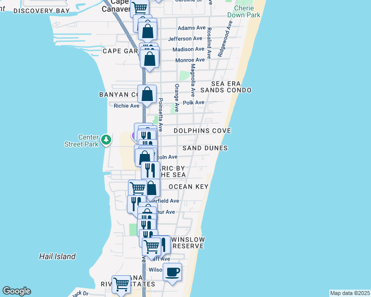 map of restaurants, bars, coffee shops, grocery stores, and more near 304 Buchanan Avenue in Cape Canaveral