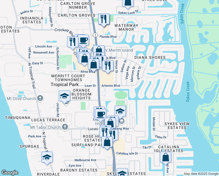 map of restaurants, bars, coffee shops, grocery stores, and more near 5 Artemis Boulevard in Merritt Island