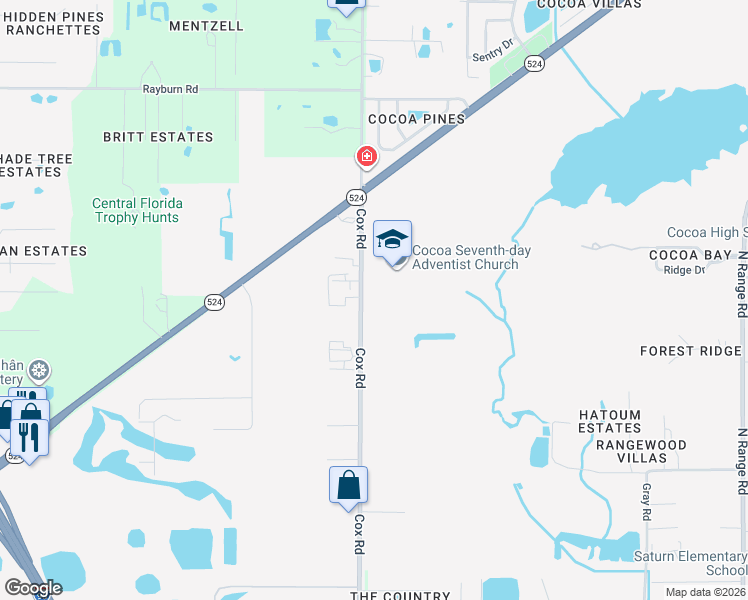 map of restaurants, bars, coffee shops, grocery stores, and more near 1460 Cox Road in Cocoa