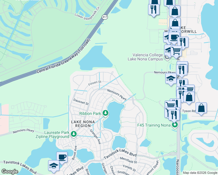 map of restaurants, bars, coffee shops, grocery stores, and more near 12861 Doisy Street in Orlando