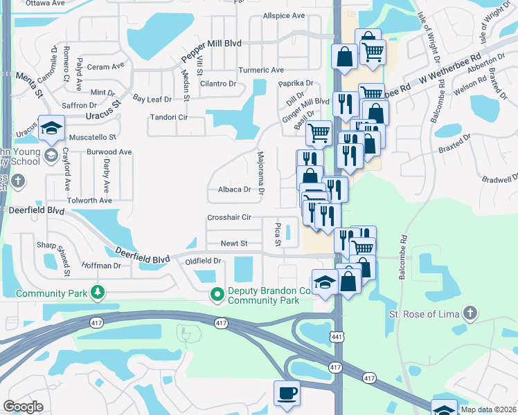 map of restaurants, bars, coffee shops, grocery stores, and more near 12697 Majorama Drive in Orlando