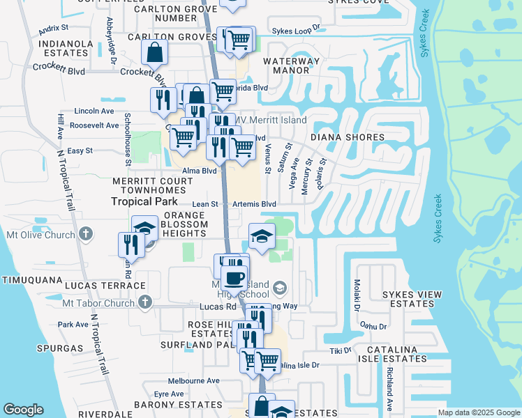 map of restaurants, bars, coffee shops, grocery stores, and more near 5 Artemis Boulevard in Merritt Island