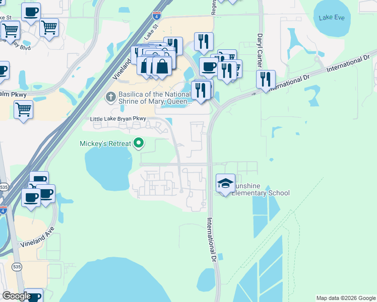 map of restaurants, bars, coffee shops, grocery stores, and more near 12861 Madison Pointe Circle in Orlando