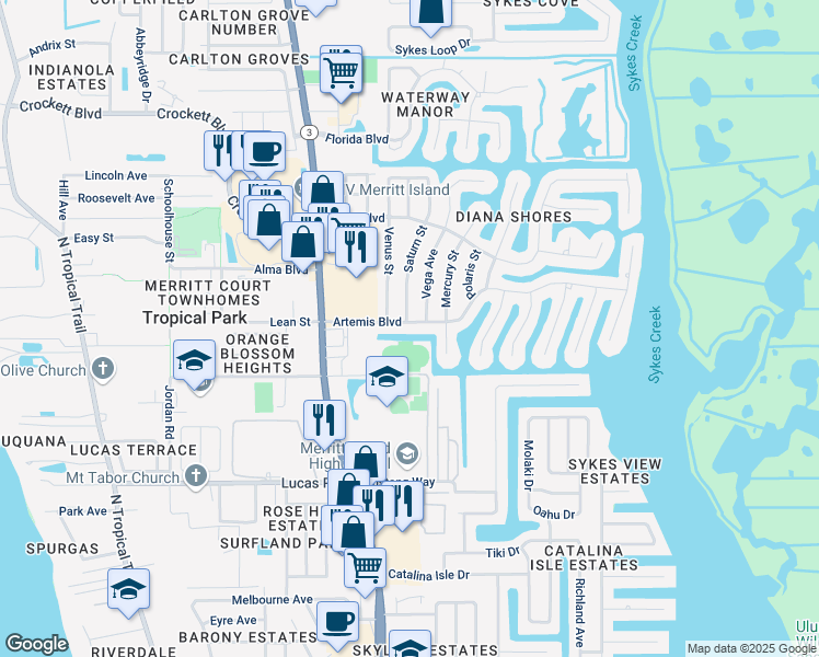 map of restaurants, bars, coffee shops, grocery stores, and more near 55 Artemis Boulevard in Merritt Island