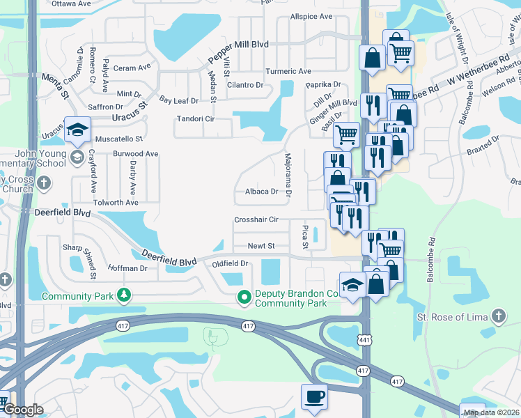 map of restaurants, bars, coffee shops, grocery stores, and more near 12751 Majorama Drive in Orlando
