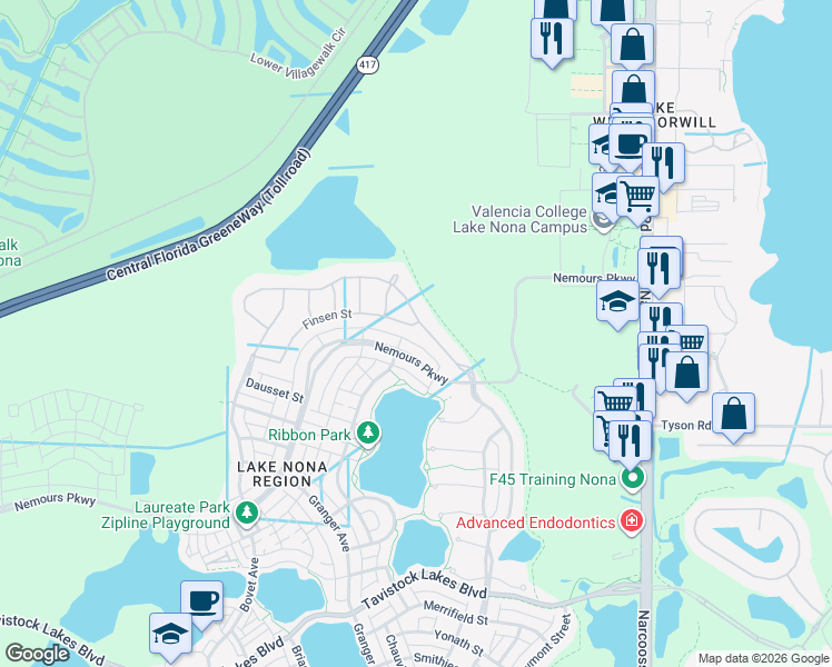 map of restaurants, bars, coffee shops, grocery stores, and more near 12802 Upper Harden Avenue in Orlando