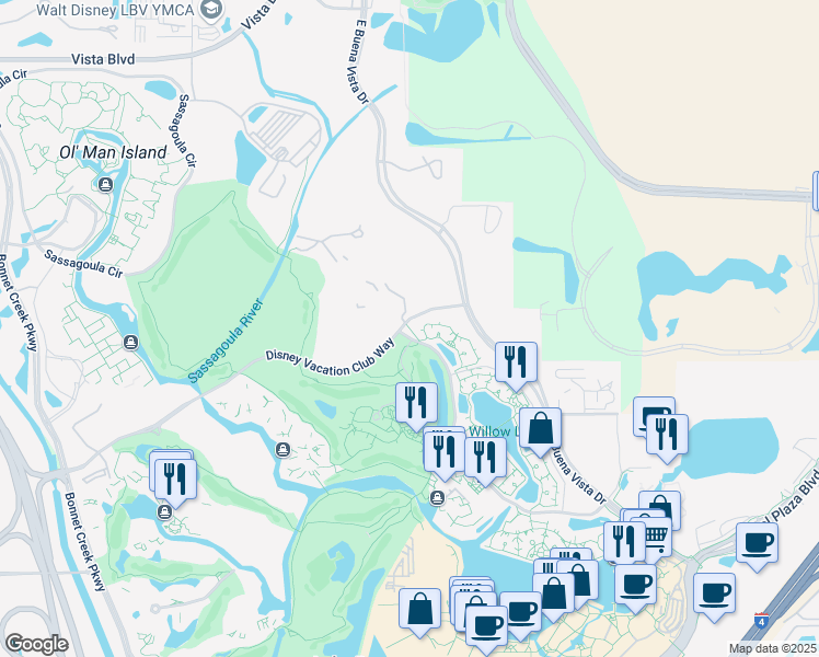 map of restaurants, bars, coffee shops, grocery stores, and more near 1829 Broadway in Lake Buena Vista