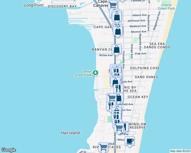 map of restaurants, bars, coffee shops, grocery stores, and more near 7108 Center Street in Cape Canaveral
