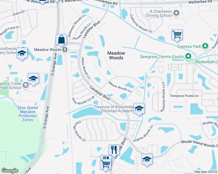 map of restaurants, bars, coffee shops, grocery stores, and more near 513 Kansas Woods Court in Orlando