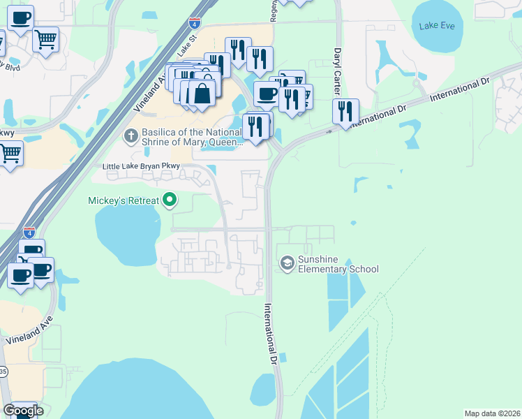 map of restaurants, bars, coffee shops, grocery stores, and more near 12873 Madison Pointe Circle in Orlando
