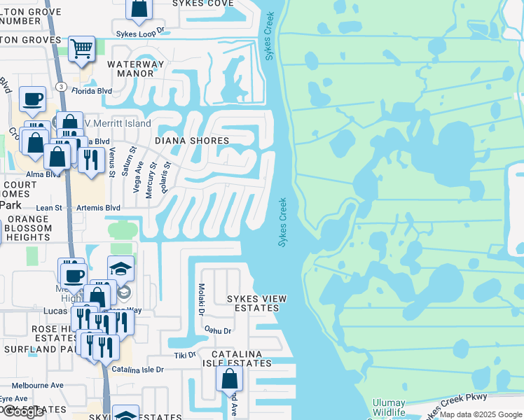 map of restaurants, bars, coffee shops, grocery stores, and more near 1440 Sykes Creek Drive in Merritt Island