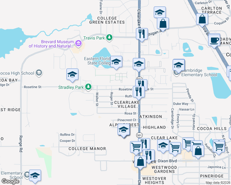 map of restaurants, bars, coffee shops, grocery stores, and more near 1687 Rosetine Street in Cocoa