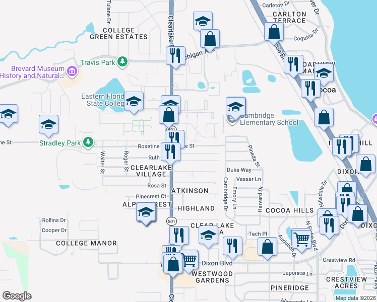 map of restaurants, bars, coffee shops, grocery stores, and more near 1516 Mac Arthur Lane in Cocoa