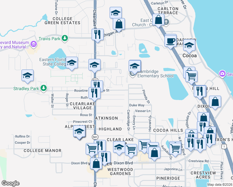 map of restaurants, bars, coffee shops, grocery stores, and more near 1432 Mac Arthur Lane in Cocoa