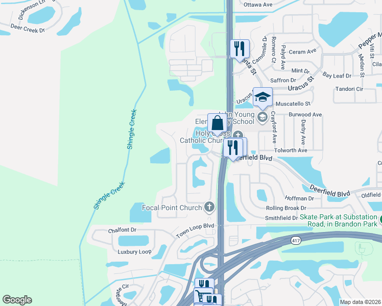 map of restaurants, bars, coffee shops, grocery stores, and more near 12626 Lynchburg Court in Orlando