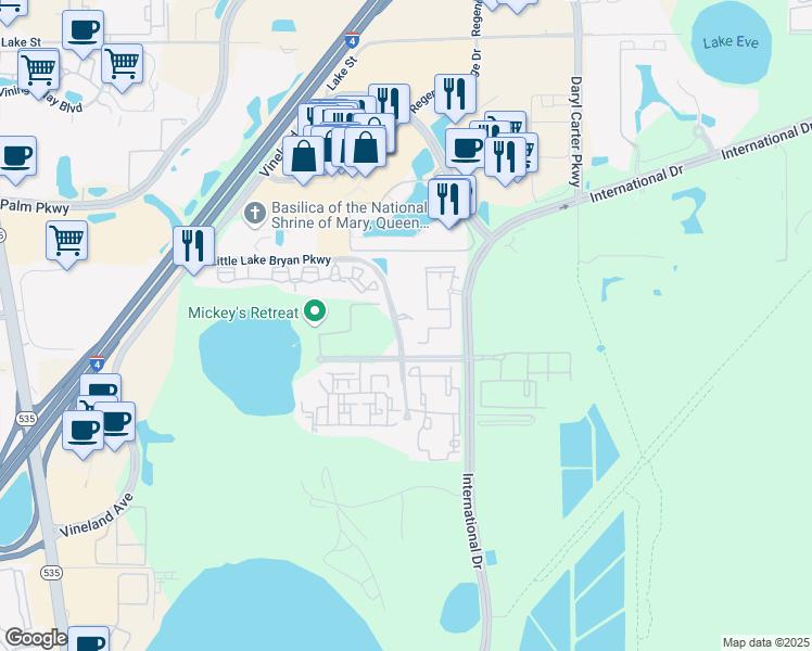 map of restaurants, bars, coffee shops, grocery stores, and more near 12908 Penn Station Court in Orlando