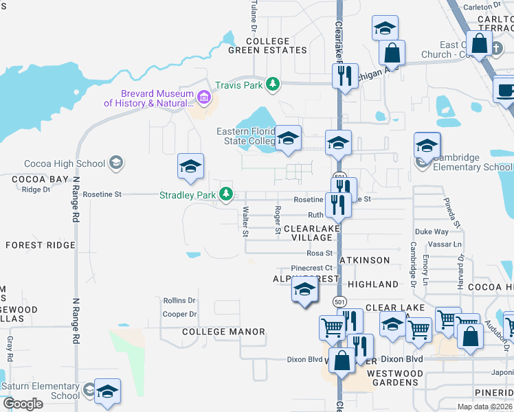 map of restaurants, bars, coffee shops, grocery stores, and more near 1761 Rosetine Street in Cocoa