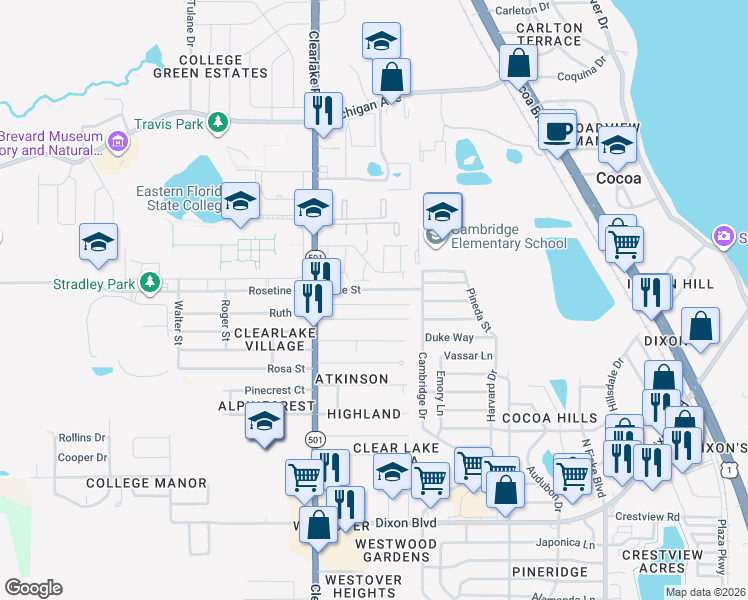 map of restaurants, bars, coffee shops, grocery stores, and more near 1432 Mac Arthur Lane in Cocoa