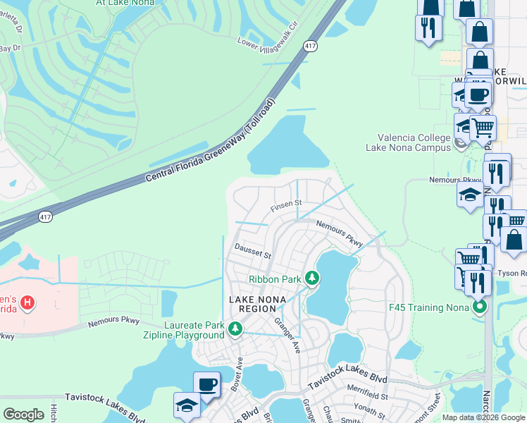 map of restaurants, bars, coffee shops, grocery stores, and more near 8663 Finsen Street in Orlando