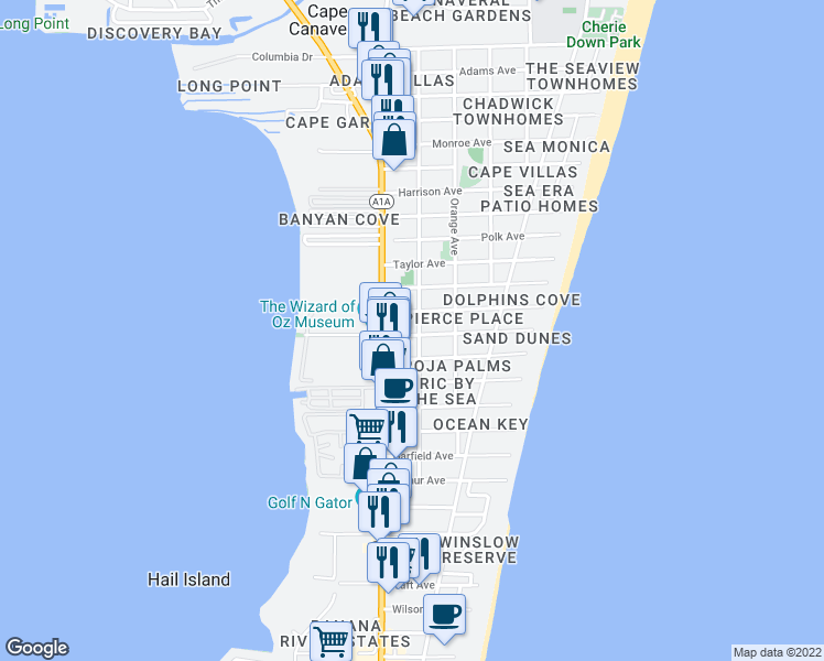 map of restaurants, bars, coffee shops, grocery stores, and more near 204 Buchanan Avenue in Cape Canaveral