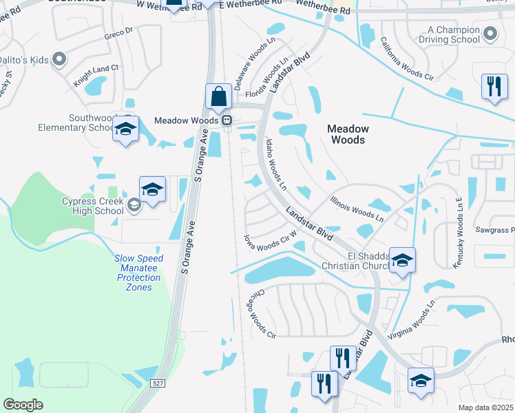 map of restaurants, bars, coffee shops, grocery stores, and more near 223 Massachusetts Woods Lane in Orlando