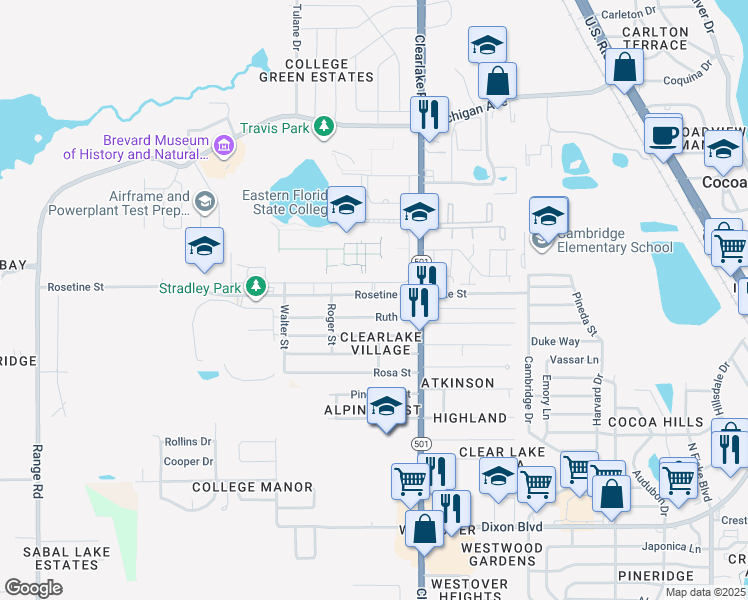 map of restaurants, bars, coffee shops, grocery stores, and more near 1651 Rosetine Street in Cocoa