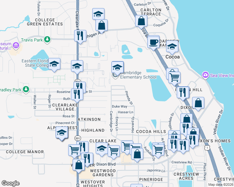 map of restaurants, bars, coffee shops, grocery stores, and more near 1210 Yale Lane in Cocoa