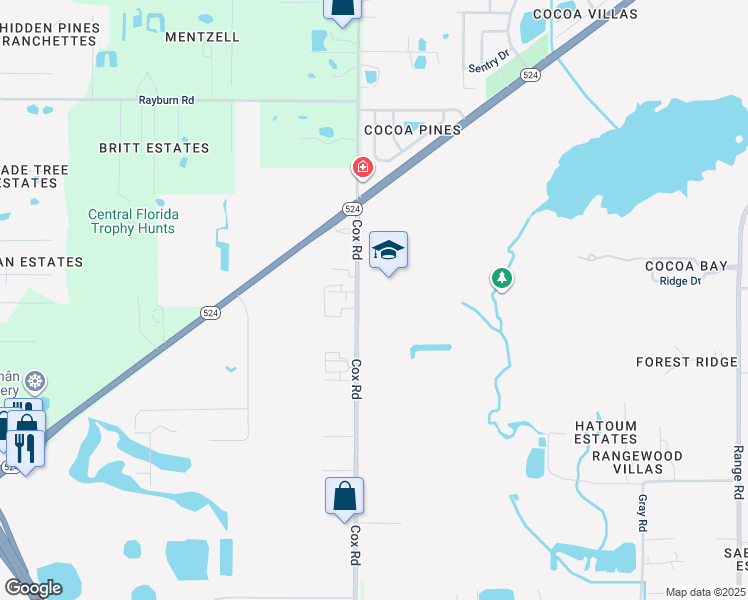 map of restaurants, bars, coffee shops, grocery stores, and more near 1460 Cox Road in Cocoa