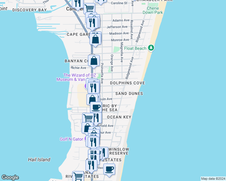 map of restaurants, bars, coffee shops, grocery stores, and more near 304 Buchanan Avenue in Cape Canaveral
