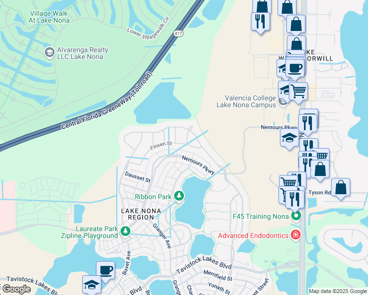 map of restaurants, bars, coffee shops, grocery stores, and more near 8421 Nemours Parkway in Orlando