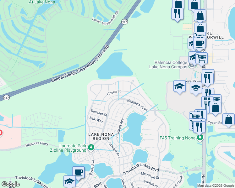 map of restaurants, bars, coffee shops, grocery stores, and more near 12965 Doisy Street in Orlando
