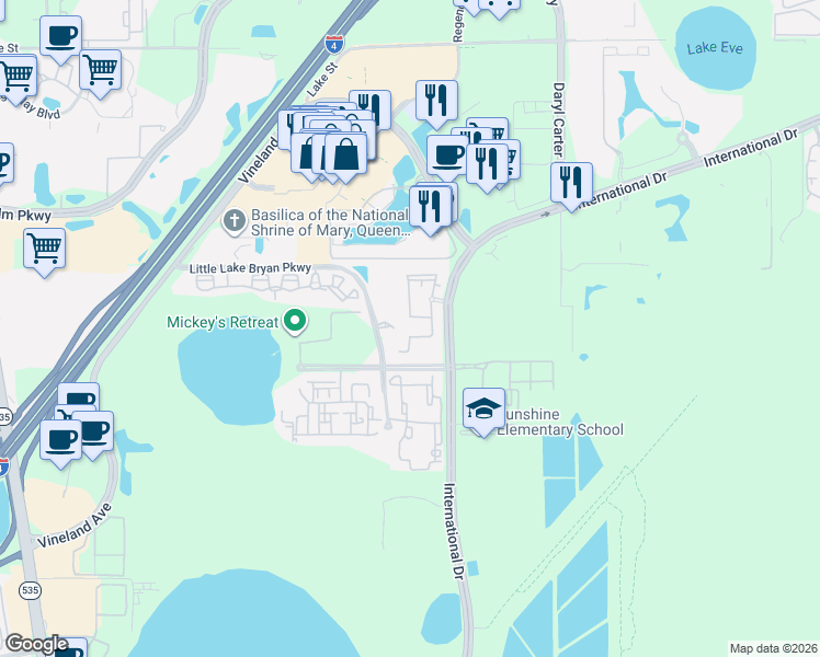 map of restaurants, bars, coffee shops, grocery stores, and more near 12861 Madison Pointe Circle in Orlando