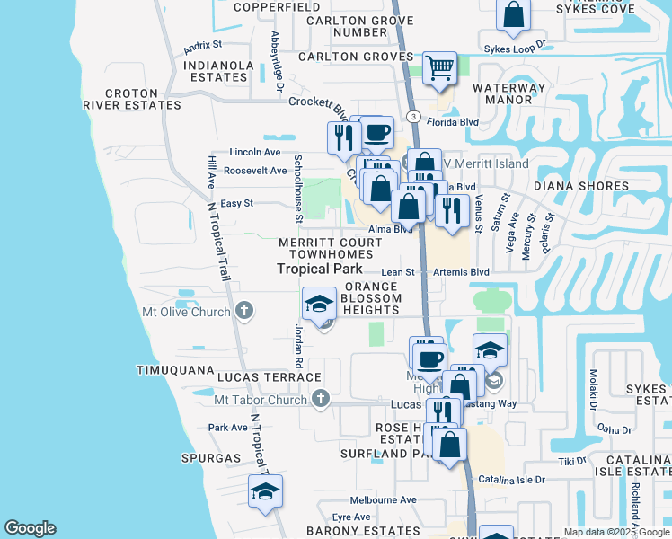 map of restaurants, bars, coffee shops, grocery stores, and more near 289 Marion Place in Merritt Island