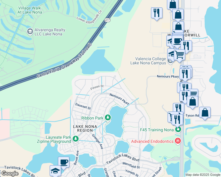 map of restaurants, bars, coffee shops, grocery stores, and more near 8421 Nemours Parkway in Orlando