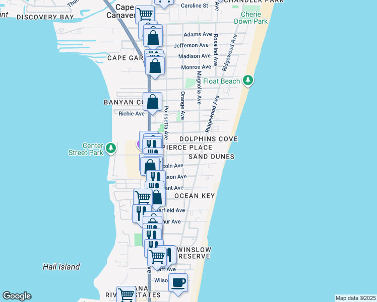 map of restaurants, bars, coffee shops, grocery stores, and more near 308 Buchanan Avenue in Cape Canaveral