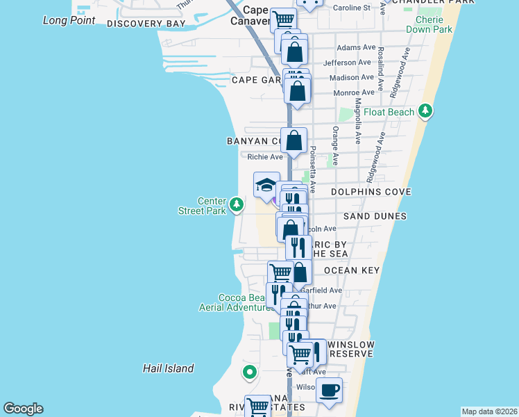 map of restaurants, bars, coffee shops, grocery stores, and more near 166 Center Street in Cape Canaveral